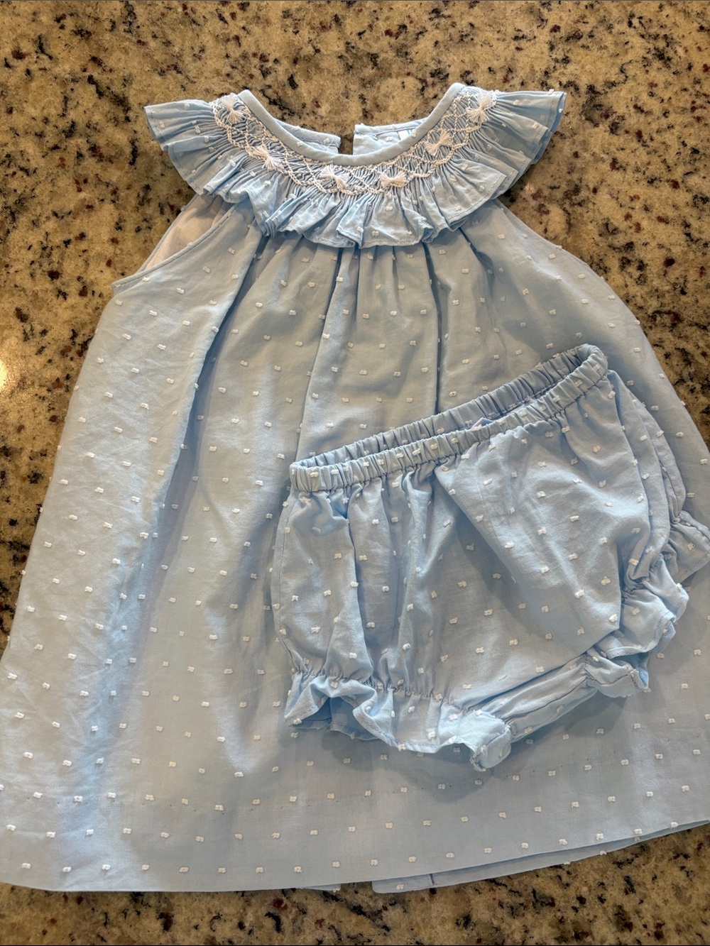 Luli & Me Light Blue Swiss Dots Ruffle Collar Dress with Bloomers